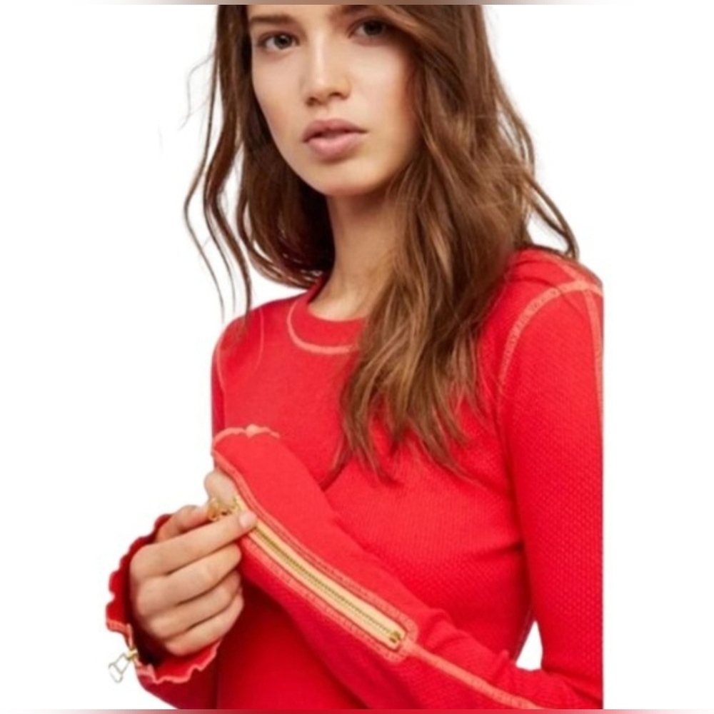 Free People Zip It Red Thermal Long Sleeved Top